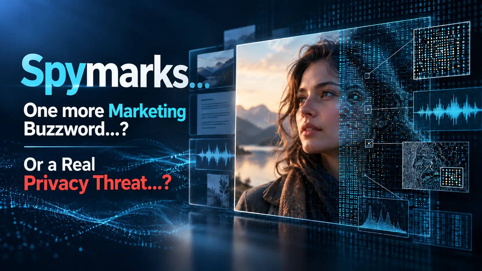 Spymarks: γυναίκα με ψηφιακά ίχνη και το ερώτημα αν τα αόρατα watermarks απειλούν την ιδιωτικότητα.